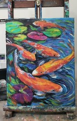 Original Abstract Expressionism Colorful Koi Fish 14 x 11 Canvas Wall Painting