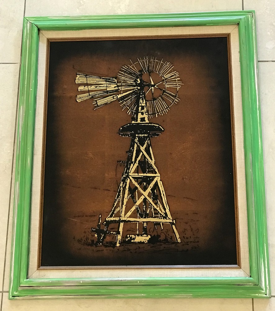 Jack White Signed – Windmill – ￼Vintage Etching Gold Leaf – Original 20”