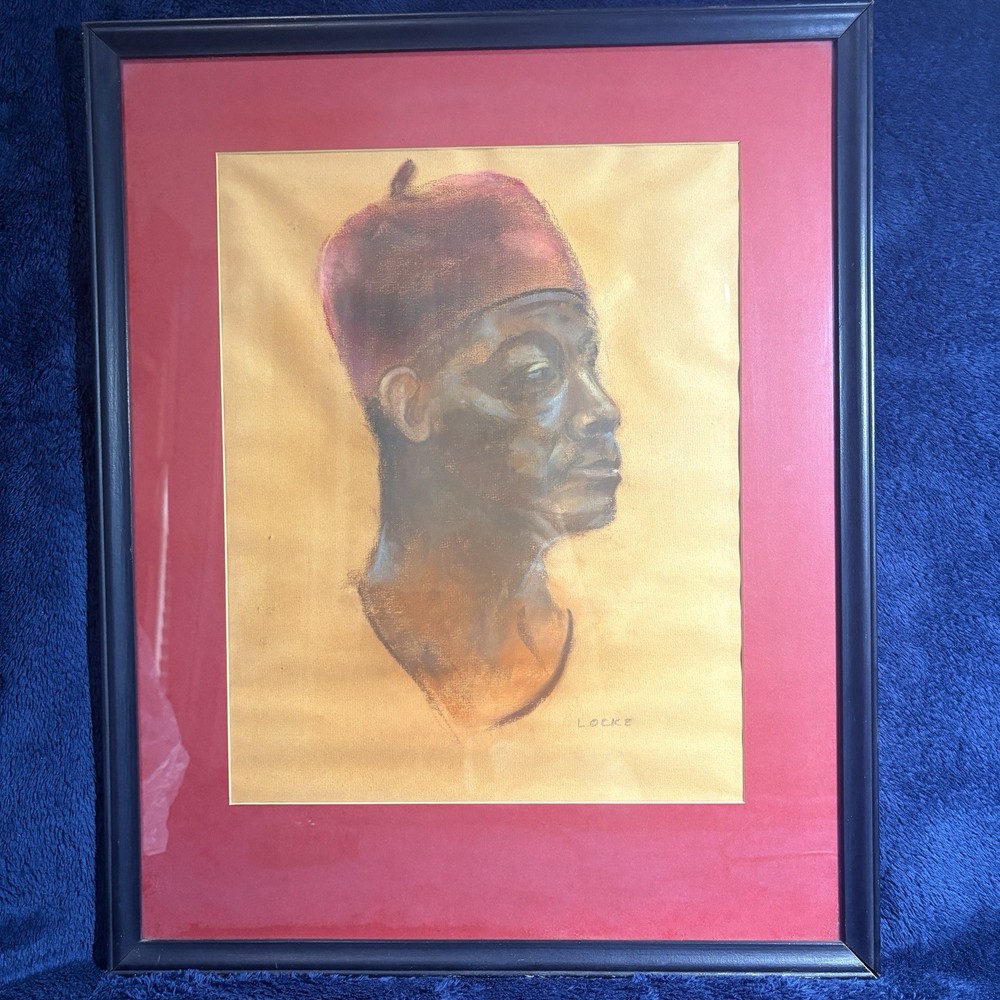 MCM 1970s Pastel Portrait African Man W/ Red Fez Large Original Framed Painting