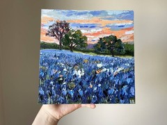 Bluebonnets Painting Original Art Impasto Oil Painting Texas Landscape 10×10″