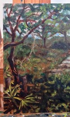 Florida Wooded Trailhead 11 X 14 Oil Painting, Original Plein Air Oil Painting