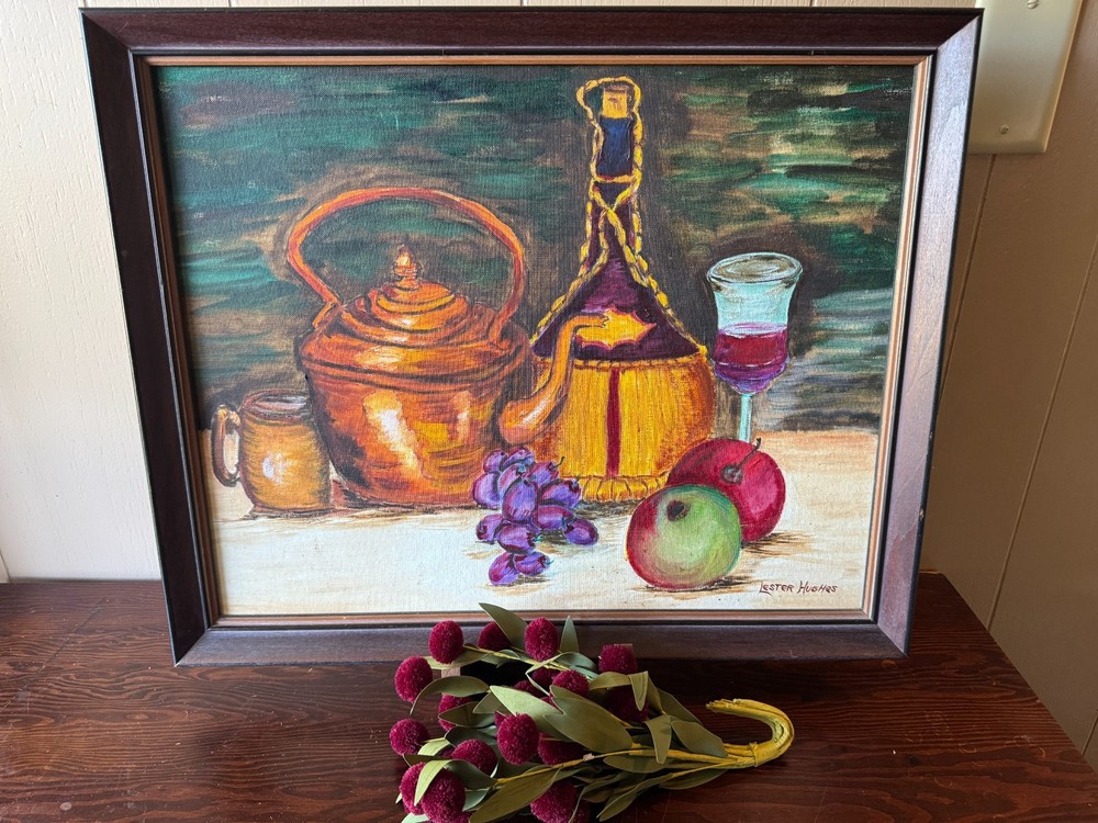 Vintage Still Life Painting Fruit Wine Kettle Signed MCM