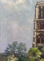 Antique Signed Castaing Oil Painting Animated View Notre Dame de Paris, Framed