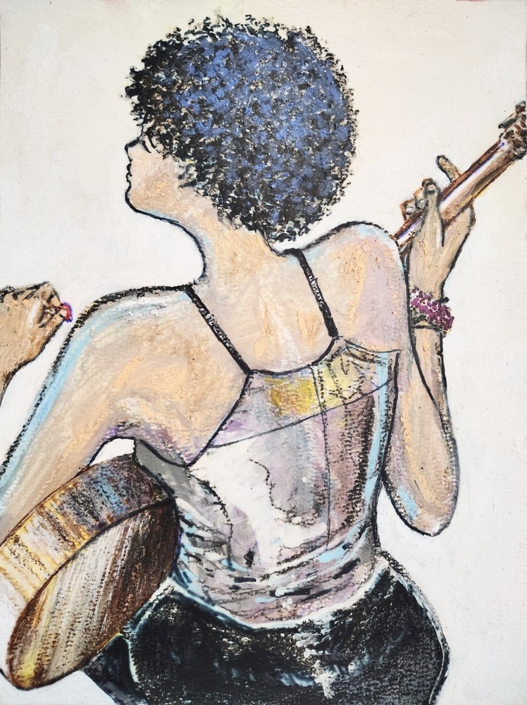 9 inch x 12 inch – Mixed-Media Guitar Drawing – NO FRAME by A. Avila