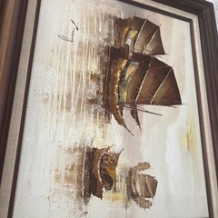 Vintage P. Wong Signed Seascape Oil Painting – Boats & Harbor – Mid-Century