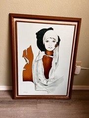 Portrait Lady Flapper Girl Oil Painting Wooden Frame Canvas Signed A. Alvarez