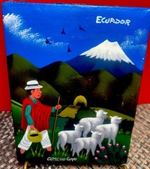 Small Folk Art Painting on Hide Ecuador Shepherd and Flock 4 1/2″ by 3 1/2″