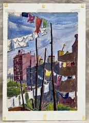 Phil Dyke (1906-1990) Signed Watercolor „Laundry Day“ California WPA Disney