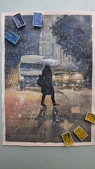 Winter Watercolor Painting Snowfall City Scene People Traffic Light A4 Art