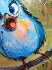 Whimsical Blue Bird Original Oil Painting Naive art Baby room decor Size 4*4 inc