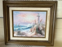 Vintage lighthouse Oil painting Pinks blues nautical core ocean