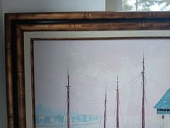 Original KESWICK Oil Painting Fishing Boats in Harbor PINK SKY Calm Nautical MCM