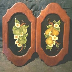 Fruit Still Life Oil Paintings On Wood Board, Apples Pears Floral 70s Farmhouse
