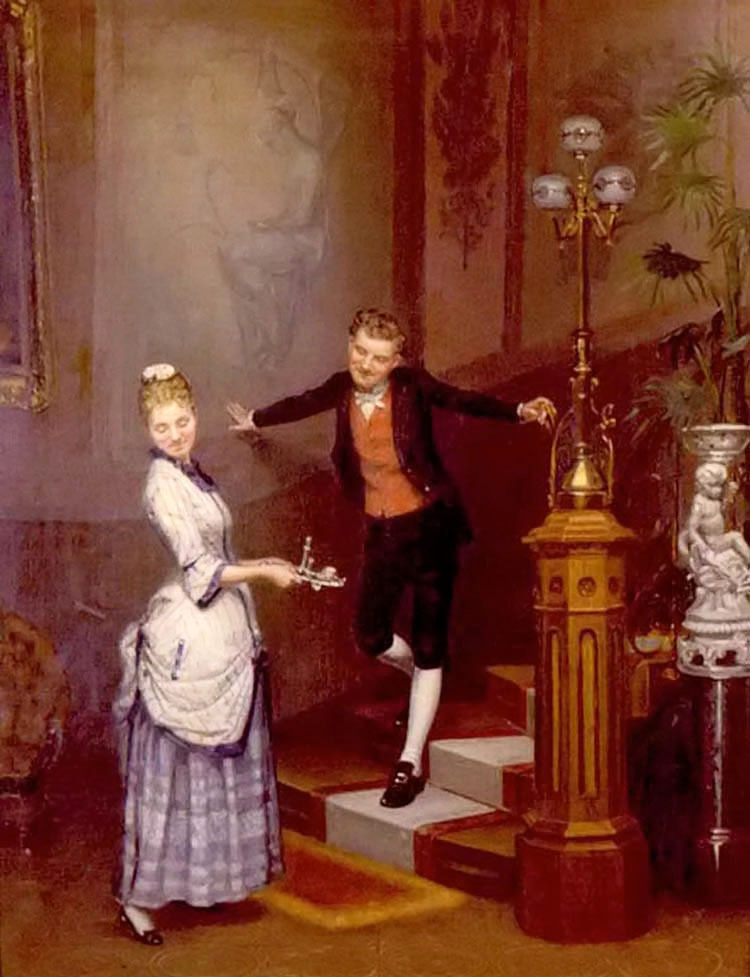 Oil painting paul peel – toll if you please – young man and girl in room canvas