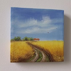 Golden Wheat Field Original Oil Painting Country Landscape Farmhouse Wall Art