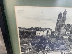Vintage Pencil Or Charcoal Etching Framed Art Painting Mexico