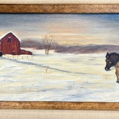 Vintage Panoramic Landscape Painting with Cowboy and Red Barn Signed Framed