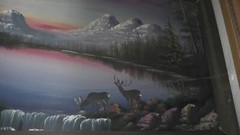 24×18 painting 1954 mountains lake cabin canoe deer sunset sunrise signed