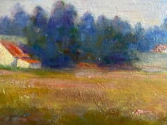 Oil painting Monogr. M.P. View of white houses on field landscape in autumn