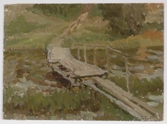 Stepan Golub (b.1927) „Brook with Wooden Bridge“, ca.1960, Oil