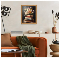 Vintage Floral & Book 3D Wall Art, Textured Oil Painting, Bedroom Decor Gift