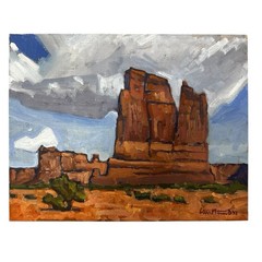 Original Painting Wedtern Landscape Utah Butte Clouds Signed 11×14