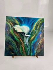Original Painting and Hand Painted Glass Vase Set Calla Lily Signed Art