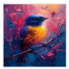 Blue and Yellow Bird Art in Red Background Flat Rolled, Framed or Wrapped Canvas