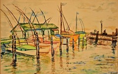 MILLER Original Vintage Signed Miami Fishing Boats Seascape Watercolor Painting