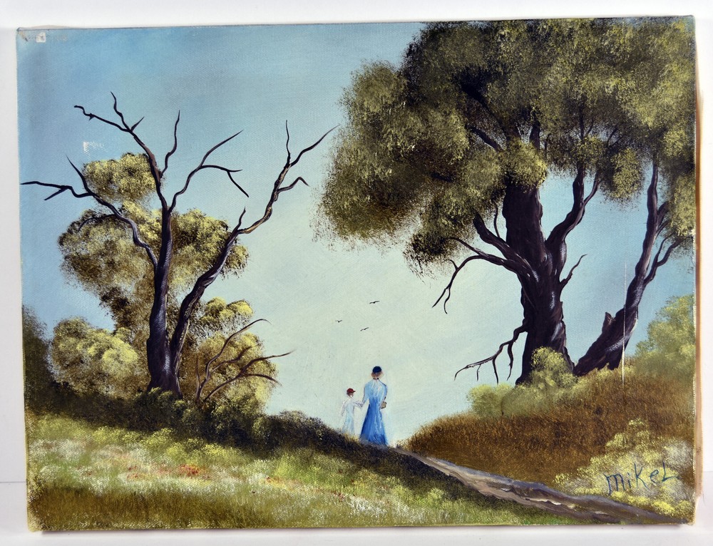 16″ Oil Painting Canvas Lea Mikel Countryside Landscape Blue Sky Trees Art #17