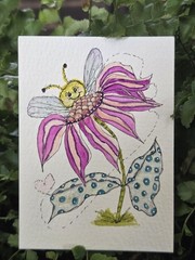 ACEO Original Whimsical Bee Flower Watercolor Ink Art Miniature OOAK 2.5 x 3.5