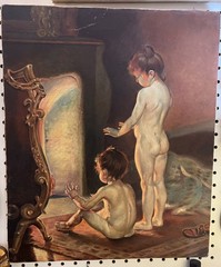 Whimsical & charming Victorian style painting, children warming up by fire