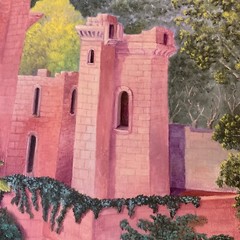 Vintage 70s landscape pink castle original painting hand painted by Robins