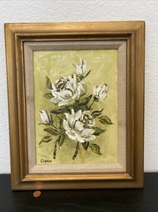 Original Midcentury White Rose Flower Oil Painting Artist Everett? Eignus Signed