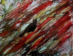 Original painting large 20×24″ raven crow black bird red by Lynne Kohler