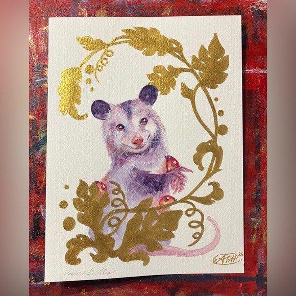 Original Possum Painting Opossum Watercolor Mix Art Gold Accents Whimsical EAE