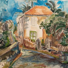 Gerhard Schulte-Dahling villa in the garden sign unique watercolor laid paper 20th century large