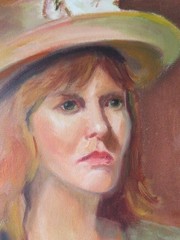 Vintage PORTRAIT OIL PAINTING GORGEOUS Woman Lady Wearing HAT with Flower