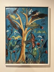 Birds In Tree Folk Art Colorful Oil Painting By Blanchard 28.5” x 21.5”