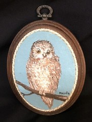 Miniature Wooden Signed Owl Painting 4 1/4x 5 1/4″