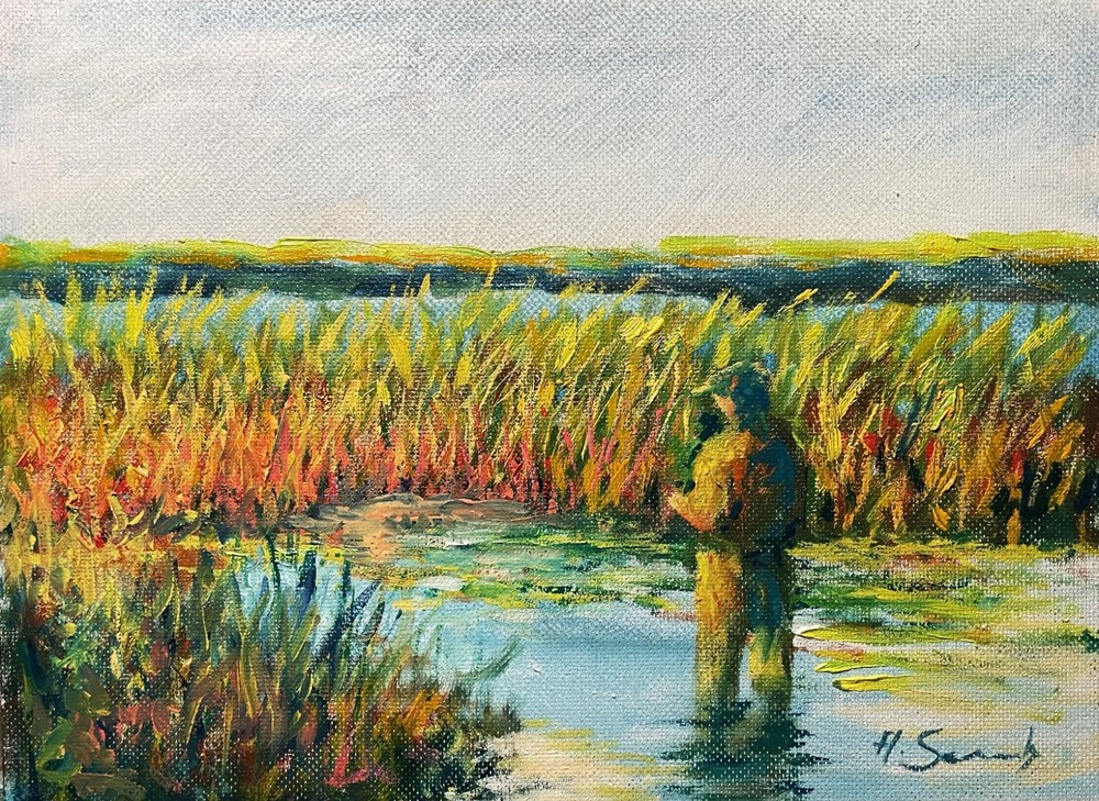 Original Oil Painting Fisherman in Marsh Wetland Landscape 12×16 Andy Semberecki