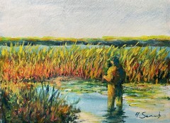Original Oil Painting Fisherman in Marsh Wetland Landscape 12×16 Andy Semberecki