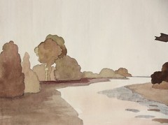 Wide River Landscape with Windmill, Watercolor, Art Nouveau, France c1900