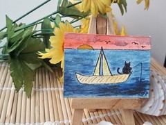 ACEO original watercolour cat, Kitty Fishing #2 whimsical art Skybird111FineArt