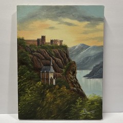 N. E. Simmons Signed Oil Painting Castle Landscape on Canvas, 16×12″, 1985