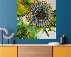Sculpted Sunflower Painting/Blue And Yellow Flower Art/12 X 12