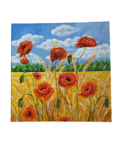 painting Field with red poppies and ears of wheat.  trees, blue sky, white cloud