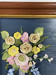 Vintage Hand Painted 3D Floral Framed Wall Art Vase Of Flowers Ladybug Signed