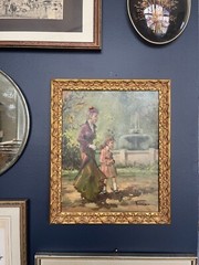 Vintage Original Painting of Mother and Child, Small Canvas, Impressionism