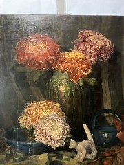 Oil Still Life Aux Flowers Art Deco Large Format 32 5/16X31 1/2in Signed